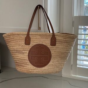 Tory Burch Brown Woven Tote Beach Bag, with a detachable small zippered clutch.